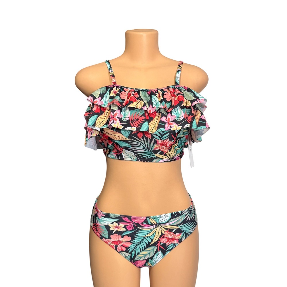 Tahari Womens Tropical Floral Ruffle Two Piece Swimsuit‎ NWT Size S
